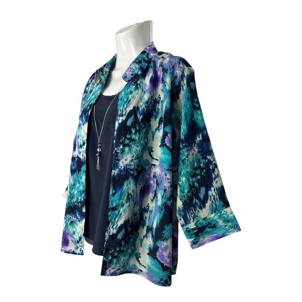 Joann Blouse Women Large Blue Purple Button Up Top Necklace Long Sleeve 2pc